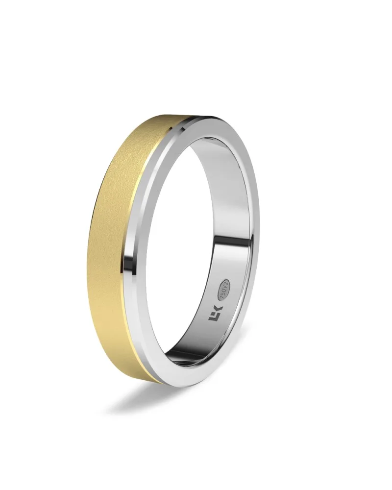 Alianza de boda bicolor oro amarillo y blanco 18k 4 mm rectangular diamantada
