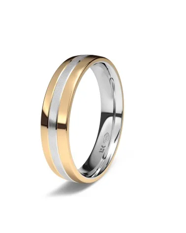 Alianza de boda bicolor oro rosa y blanco 18k 4,5 mm semiplana con banda central