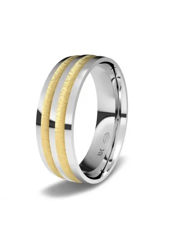 Alianza de boda oro blanco y amarillo 18k 6 mm doble satinado