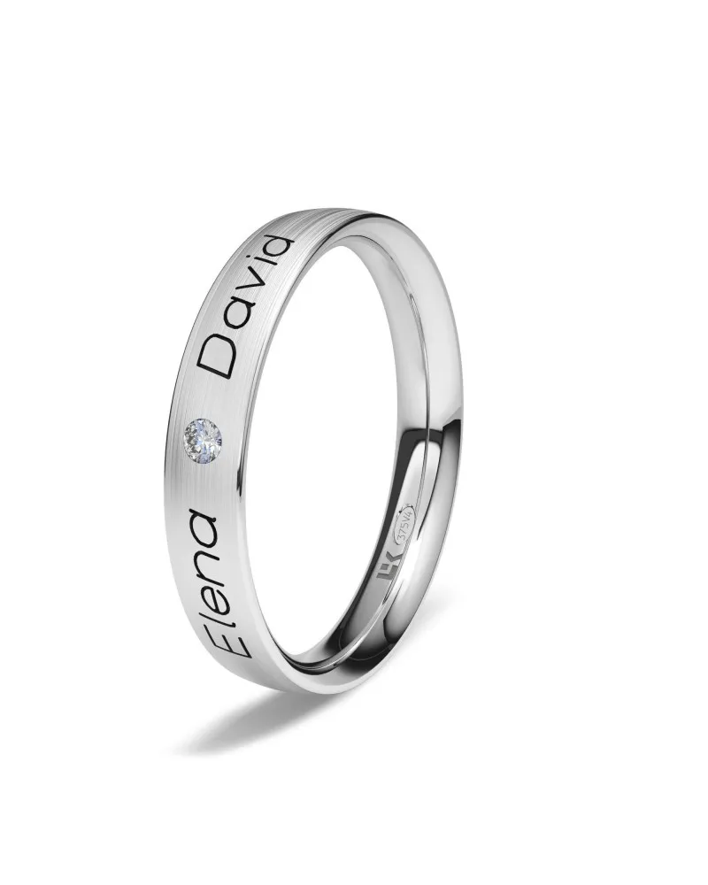 Alianza de boda oro blanco 9k 3,5mm plana grabada diamante