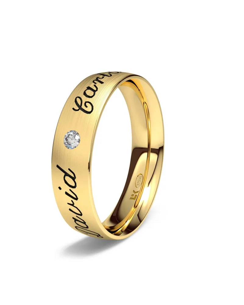 Alianza de boda oro amarillo 9k 5mm plana grabada diamante