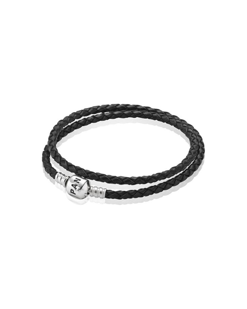 PANDORA DOBLE CUERO NEGRA CON CIERRE PLATA DE LEY.