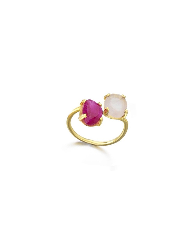 ANILLO PLATA RUBI Y CUARZO ROSA